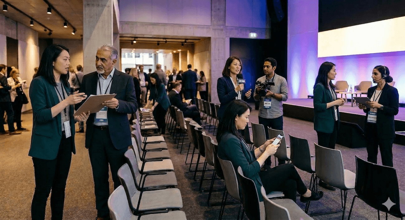 A CMO or marketing person overloaded with tasks at an event